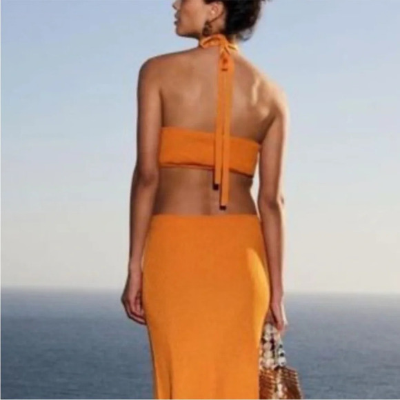 NWT CULT GAIA Cameron Apricot Halter Style Cutout Knotted Knit Summer Midi Dress - Picture 5 of 15